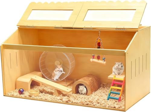 Hocomay hamsterbur trä, 80 x 40 x 40 cm transparent smådjursbur trä stor för syrisk liten djurbur med trähorn akrylfönster blomblad takspade sikt lämplig marsvin