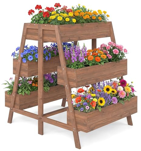 RELAX4LIFE Fioriera da Esterno a Scalini a 3 Livelli (Marrone,126x90x115cm) | Vasi per Piante in Legno di Abete con 6 Cassette a Forma di Scala, Fori di Drenaggio e Base a Doghe per Fiori e Verdure