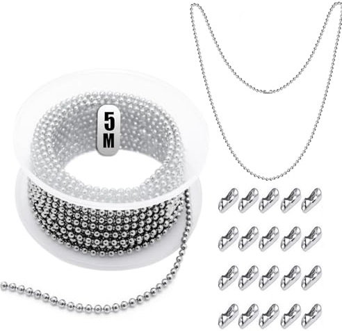 Yeenano 5 Meter Roller Blind Chain,Stainless Steel 3mm Ball Bead Chains with 20 Pcs Matching Connectors,Vertical Blinds Repair Parts,for Roller Blinds,DIY Home&Kitchen Repair,Jewellery Making Chain.