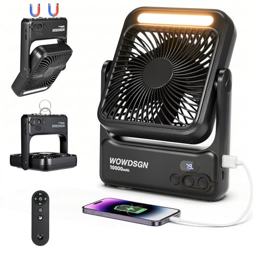 WOWDSGN Ventilator Akku 10000mAh mit Starkem 𝐌𝐚𝐠𝐧𝐞𝐭𝐟𝐮ß, Tischventilator USB mit LED-Nachtlicht & Haken, Powerbank-Funktion, 8-Stunden Timer, für Camping, Wohnmobil, Schlafzimmer, Reisen