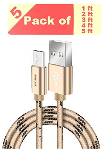 REALMAX®【 Pack of 5 】1M 1ft 2ft 3ft 4ft 5ft Micro USB Cable Universally Compatible PREMIUM QUALITY For Devices With Micro USB Charger Port Fast Charging And Sync Android Mobile Tablet (Nylon Braided)