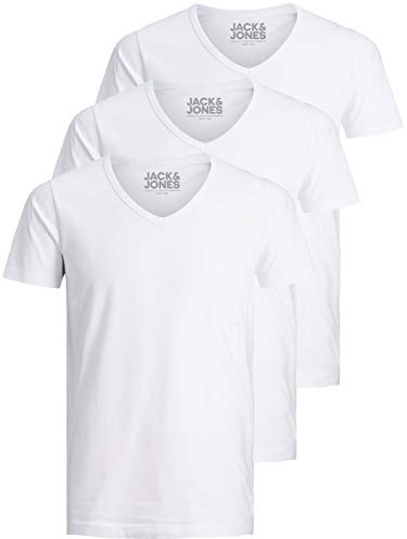 Jack and Jones - Camiseta básica para hombre, cuello de pico, paquete de 3 unidades, color liso, corte ajustado, en blanco, negro, azul y gris