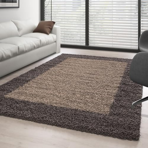 Carpettex Hochflor Teppich Wohnzimmer Shaggy Flokati Teppich Modern Bordüre Design 80 x 150 cm Flur Teppich Läufer Taupe - Teppich Bettvorleger Schlafzimmer Weich Flauschig Waschbar Küchenläufer