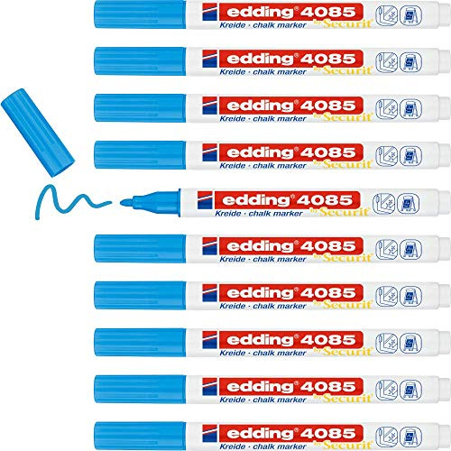 edding 4085 Kreidemarker - blau - 10 Kreidestifte - Rundspitze 1-2 mm - dünner Kreidestift für Tafel abwischbar - zum Beschriften von Fenster, Glas, Spiegel - Tafelstift mit deckenden Farben