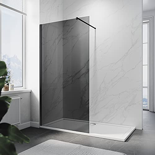 ELEGANT 700mm Walkin Shower Enclosure Bathroom 8mm Grey Safety Easy Clean Glass for Bath Wetroom Walk in Shower Cubicle Screen Panels + Black Stainless Steel Support Bars