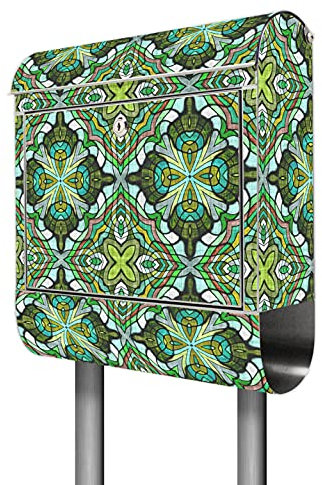 banjado® Briefkasten mit Standfuß Motiv Grünes Muster - Stand Briefkasten Edelstahl mit Zeitungsfach - Postbox/Postkasten A4 Einwurf inkl. Montagematerial & 2 Schlüssel