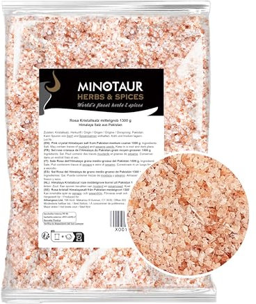 Minotaur Salt | Sel Rose Cristaux de l’Himalaya du Pakistan 2 x 1300 g (2,6 Kg) | Sel de l'Himalaya grain moyen pour le moulin à sel | 100% naturel, non traité | Pink Salt