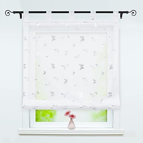 Delien Raffrollo mit Schlaufen Transparente Raffgardine Kurz Vorhang Schlaufenrollo Modern Schals »Schmetterling« Küche Store Fenster Wohnzimmer Gardine 1 St. BxH 120x150cm,Silber