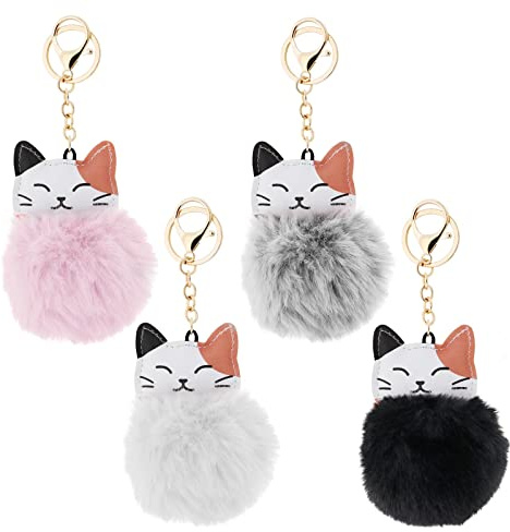 Create idea 4 Stück Katze Schlüsselanhänger Flauschige Kunstpelzkugel Anhänger Schlüssel Dekoration Auto Ornament Frauen Handtasche Zubehör Schwarz Weiß Grau Rosa