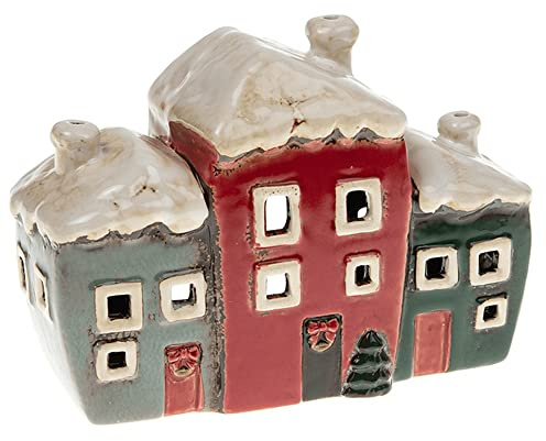 Village Pottery Christmas Three House Cottages Teelichthalter, rotes Kerzenhaus, M, 310802