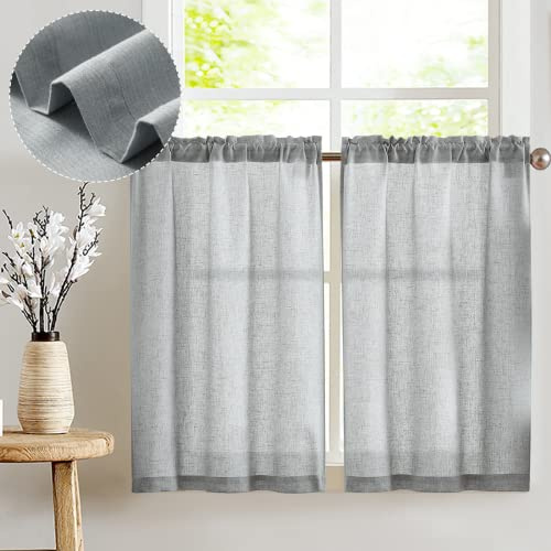 Vangao Leinenoptik Scheibengardinen Bistrogardine 2er Set 65B x 90H cm Grau | Gardinen Kurz Lichtdurchlässig, Scheibengardinen Modern mit Stangendurchzug, Küchengardinen 90cm lang Küche Wohnwagen Fenster