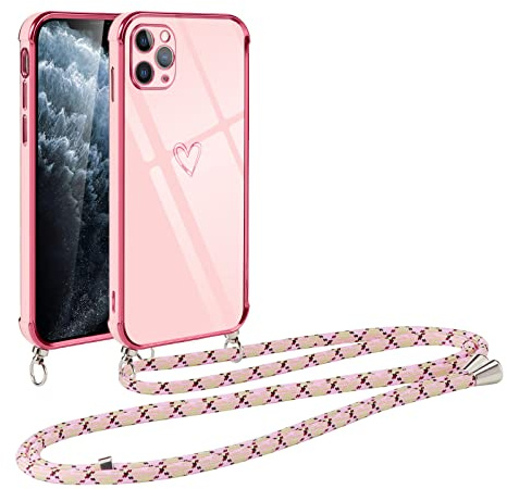 Vauki handyband für iPhone 11 Pro Max Hülle mit Band, Handyhülle mit Kette, Herz Motiv, Ultra Dünn Stoßfeste Aesthetic Case mit Kordel zum Umhängen für iPhone 11 Pro Max 6.5 Zoll, Rosa