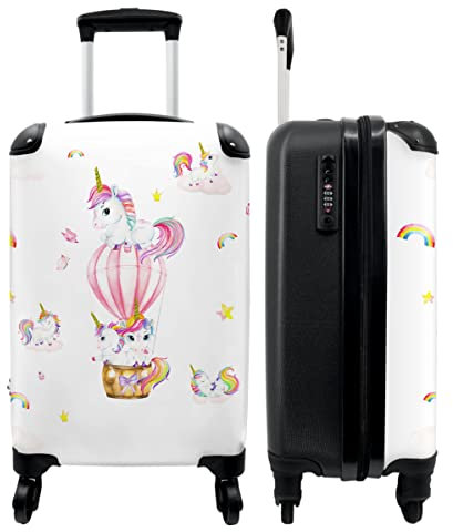 NoBoringSuitcases.com® Kinderkoffer Mädchen Reisekoffer mit Rollen Handgepäck Koffer Einhorn - Regenbogen - Heißluftballon - Rosa - 55x35x20cm