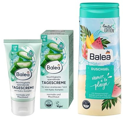 Balea 2er-Set Haut- & Körperpflege: Feuchtigkeitsspendende TAGESCREME mit Hydro-Komplex, LSF 15 (50 ml) + Duschgel VAMOS A LA PLAYA (300 ml), 350 ml
