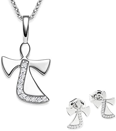 Mädchen Schutzengel Schmuckset aus Silber 925, Engel Kette und Ohrstecker | mit Zirkonia, Geschenk Set mit Gravur zur Kommunion und Taufe