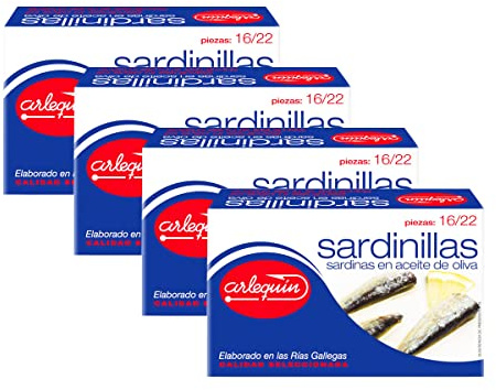 ARLEQUIN Sardinilla en Aceite de Oliva, Pack de 4 Latas de 120 grs. y 16/22 Unds (480 grs y 64/88 Unds)