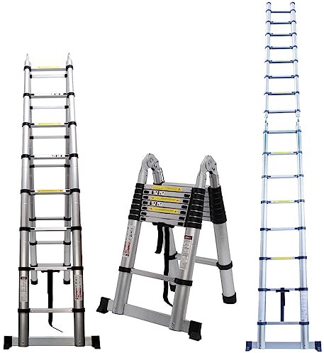 AUTOFU Telescopic Extension Ladder, 3.8M(1.9M+1.9M) A-Frame Ladder Extendable Aluminum Folding Ladder, Portable Ladder 150kg/330lb Max Load, EN131 Foldable Telescopic Ladder for Home Indoor Outdoor