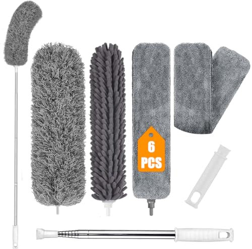 Extendable Feather Duster 6PCS Kit with 30-100 Inch Telescopic Pole, Detachable Bendable and Reusable Gap Hand Crevice Brush for Cleaning Dust on High Ceiling Fans Lights Blinds Cars Furniture