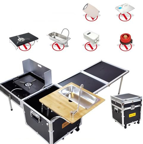 Camping Küche Mit Spüle und Herd Campingbox Mit Rollen Klapptisch Camping Set Outdoor Küche Campingmöbel (Size : Standard Edition)