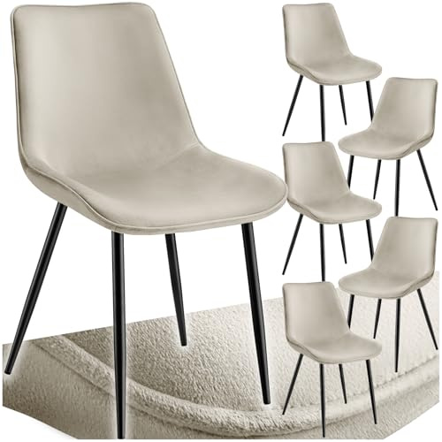 tectake® Set med 6 matbordstolar med bekväm ergonomisk design och brett ryggstöd – stilrena stolar sammetslook - Creme