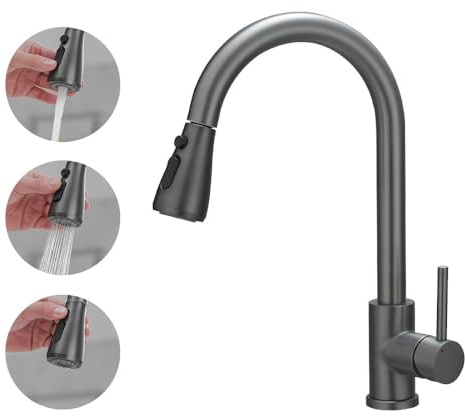 Haiba Kitchen Sink Mixer Tap with Pull Down Sprayer, Single Handle High Arc Pull Out Kitchen Taps, Kitchen Faucet with UK Standard Fittings, Grey