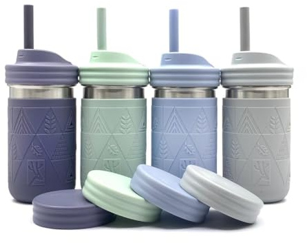 Älg och vänner barn 4 dl rostfritt stål glasburkar + ärmar + lock | 4-pack | Småbarn | Silikonhylsor | Sugrör med proppar | Matförvaring | Spillbeständig | Diskmaskinssäker | Perfekt för smoothies