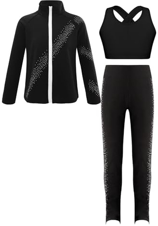FEESHOW Mädchen Sport Kleidung Set Eiskunstlauf Anzug Sport BH Sport Leggings Sweatjacke Set Kinder Eislaufen Trainingsoutfit Yoga Workout Outfit Schwarz_A 158-164