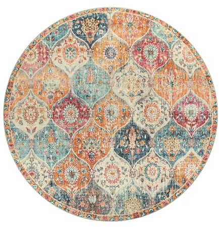 kyaoayo Runder Vintage Boho Teppich - Waschbar, Kurzflor, rutschfest für Esszimmer Schlafzimmer - In & Outdoor Modern Mandala Bedruckt (Orange, Durchmesser 120CM)