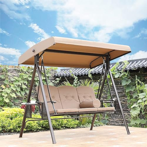 3-Sitzer-Gartenschaukelstuhl, Liege, Hängematte, Bank mit Stahlrahmen, Kissen, verstellbar, neigbar, Baldachin, Terrasse, Beige