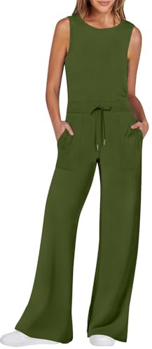 RMBLYfeiye Arbeitslatzhose Damen Hosenanzug Große Größen Arbeitskleidung Damen Einfarbiges Rundhals Ärmelloser Jumpsuit Lang Tunnelzug Overall Mit Taschen Romper Damen (Armeegrün, 3XL)