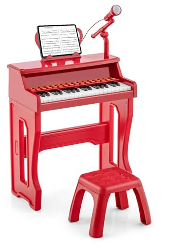 GYMAX Kids Piano Set, Children 37 Keys Keyboard with Stool, Adjustable Microphone, Detachable Music Stand, MP3 Interface, Record & Play, Electronic Piano Toy Set for Girls Boys (Red)