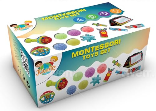 Juguetes Montessori Bebés 0-6 Meses - tambien 0-3 meses y 1 año. Todo lo necesario para Estimular su Desarrollo Sensorial-Cognitivo-Motor, sonajeros - pelotas sensoriales - espejo. Escanea y aprende