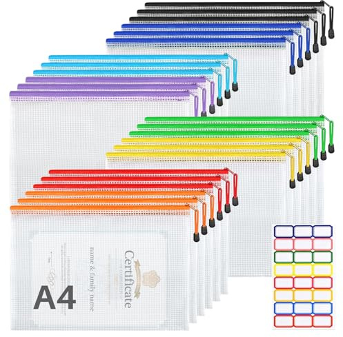WenYa A4 Plastic Zip Wallets with Stickers, Zipper Lock Mesh Wallets, 24Pcs | 8 Color, A4 Size Mesh File Folder Zipper Bags, Waterproof Document Storage Bags, School, Office, Travel, Receipts Storage
