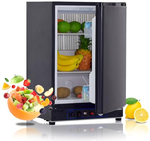 Techomey Kühlschrank Gas 12V 230V 60L, Gas Kühlschrank mit Umkehrbare Tür, Camping Kühlschränk Gäs, Leiser Absorber Kühlschränk für Wohnmobil, Caravan, Reise und Outdoor, Schwarz