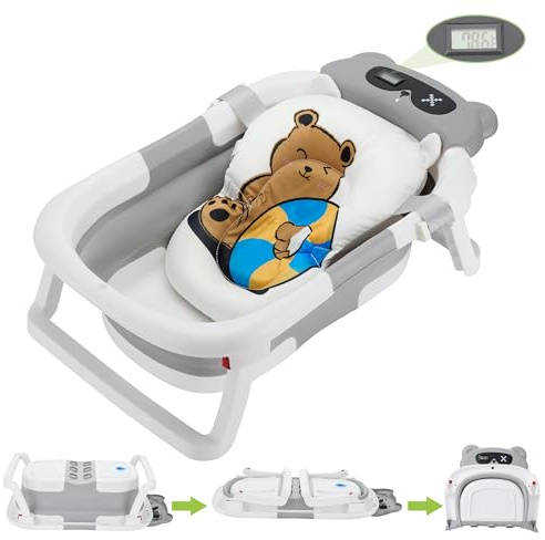 Niceyoeuk Hopfällbart babybadkar för nyfödda med termometer och 1 mjuk flytande kudde, bärbart resebadkar med dräneringshål, hållbara hopfällbara babybadkar för spädbarn till småbarn, Grå, S
