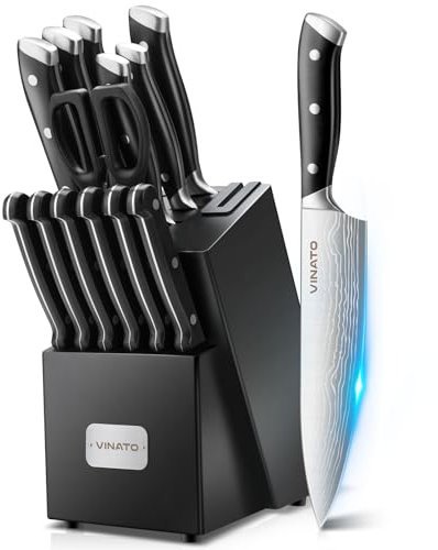 VINATO Messerblock, 14-TLG Messerblock mit Schärfer, Küchenmesser-Set mit Damast Optik, Messerblock mit Messer Scharfem Profi Kochmesser Messerset, Schwarz