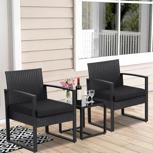 BESTXH 3-Teilig Terrassen-Bistro-Set, Pe-Geflecht TerrassenmöBel-Set FüR Den AußEnbereich, Modern Rattan-TerrassenstüHle Mit Tisch, Terrassen-Sitzgruppen FüR Balkon, Veranda,Schwarz,3 Piece Set