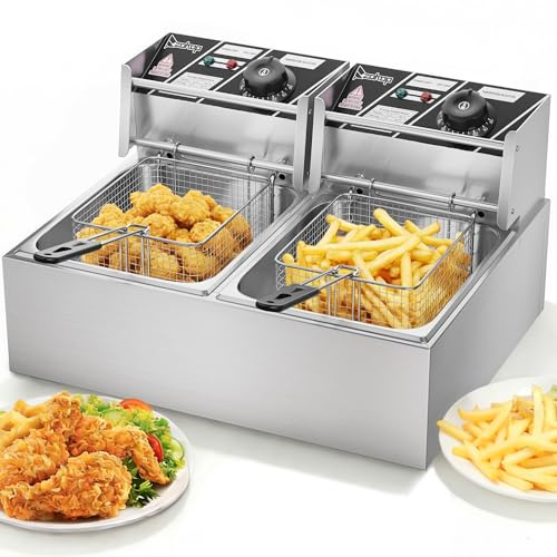 5000W Fast-Heating Commercial Deep Fryer With Basket | 25.4QT/24L Double Tank Electric Fryer, Adjustable Temp 140-392°F, Countertop Oil Fryer for Restaurant & Home Use, Stainless Steel