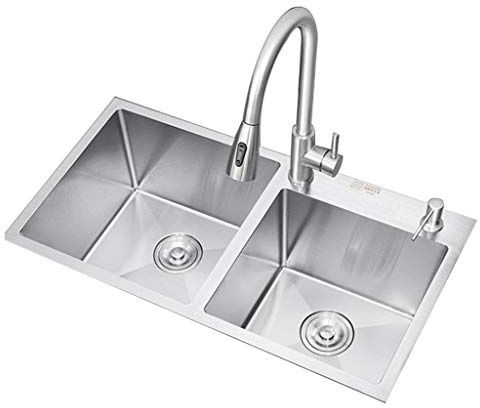 Waschbecken Küche Haushalt Waschbecken Große Kapazität Doppel Waschbecken Edelstahl Waschbecken Hand Waschen Gemüse Becken Dicke Arbeitsplatte, Mittel und Boden Waschbecken, TOMRAIN, Schwarz, 75 * 4