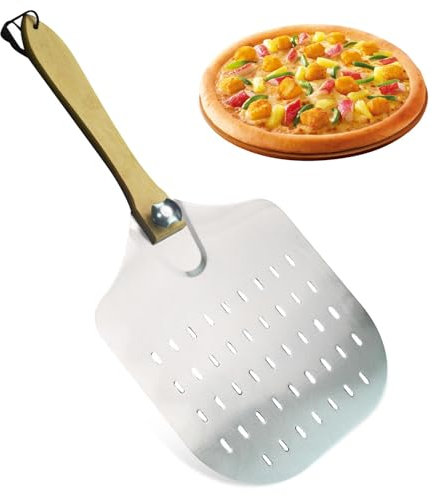 Pizzaschieber 12 Zoll, Perforierter Pizzaheber, Pizzaschaufel Edelstahl, Pizza-Schieber Mit Massivholzgriff, Pizzaschaufel aus Aluminium-Schaufel Für Pizza, Kuchen, Brot, Torten