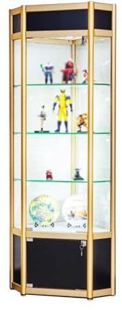 YFWOKSL Vitrine, Vitrinen aus gehärtetem Glas für Sammlerstücke, schwarz-goldene Kuriositätenvitrinen, Dekor mit Unterschrank, Ecklagerschrank mit 4 Ebenen, groß (180 x 50 x 50 cm)