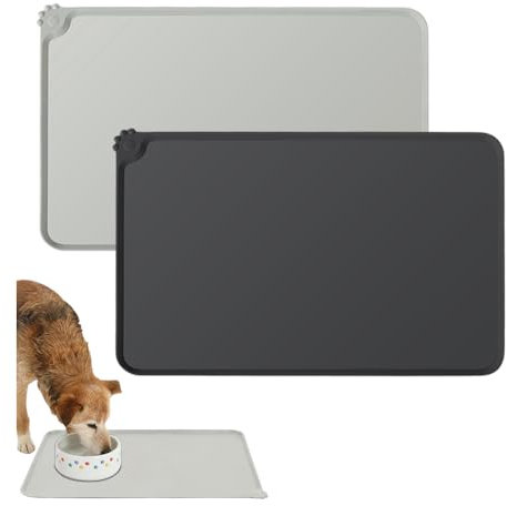 Bieiyhe 2 Futternapf Unterlage Hund 48x30 cm,Katzenmatte Futter rutschfeste,Haustier Fütterung Matte Tiernapf,Futtermatte wasserdichte,Napfunterlage Silikon,Matte Placemats per Animali-Schwarz,Grau