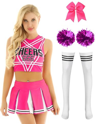 Miutii 5tlg.Damen Cheer Leader Kostüm Cheerleading Kleid Crop Tops mit Minirock Pompoms Haarband Cheerleading Tanzkleid Halloween Karneval Fasching Kostüm Dunkel Rosa L