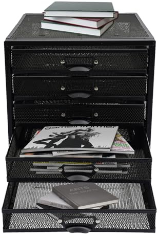 Donened - Schubladenbox, Schubfächer Briefablage Organizer mit 5 Schubladen, Akten sortieren, Stahl Büro Organizer für Zuhause, Büro, 27.5 x 35.4 x 28.3cm, Schwarz