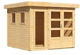 CHILLROI® Karibu Gartenhaus Pentus aus nordischer Fichte Verschiedene Größen optinal mit Anbaudach, lichtdurchflutetes Design mit Flachdach (naturbelassen, M)
