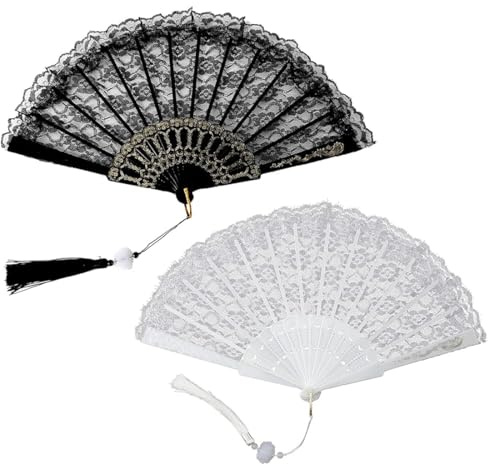 VONJUMA 2 Pièces Eventail Dentelle Éventail Année 20 Eventail Dentelle Femme Éventail Pliant Vintage Ventilateur 1920S Eventail Annee 20 Mariage Danse Fête Mariée Accessoires Pour Carnaval Noir Blanc