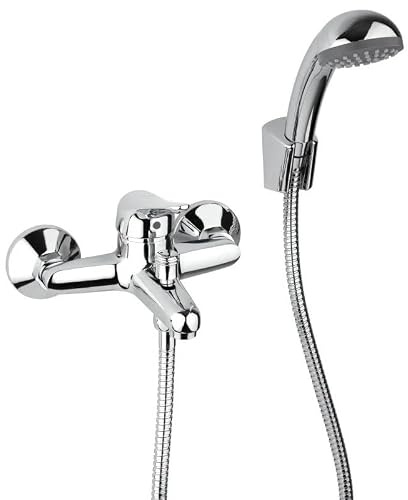 Yellowshop - Miscelatore bagno completo rubinetteria lEIRA lavabo bidet vasca e doccia incsso esterno in ottone cromato flessibile inox piletta Made in Italy (Esterno vasca)