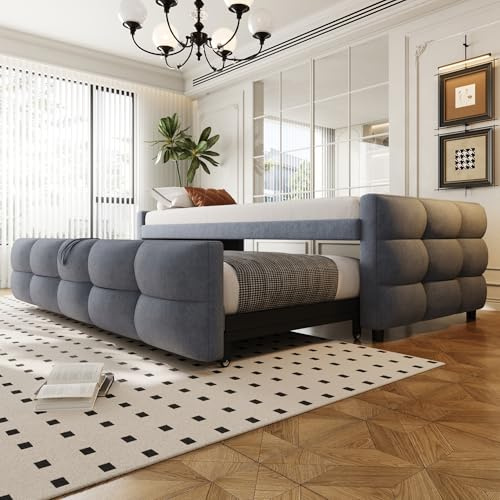 Merax Schlafcouch Ausziehbar 90/180 x 190 cm, Sofa Bett 2 Sitzer mit Schlaffunktion, Klappsofa mit Lattenrost, Samtstoff, Grau (Ohne Matratze)