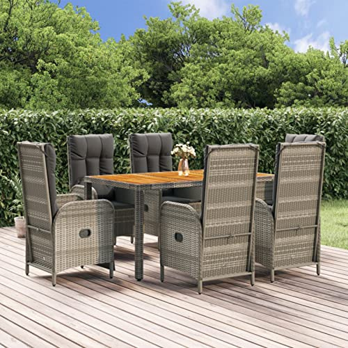 IKAYAA Gartenmöbel Set mit 6 Stühle Verstellbar Garten Essgruppe 6 Personen Rattan Gartenmöbel Essgruppe Gartengarnitur Sitzgarnitur mit Kissen-Grau-7-tlg