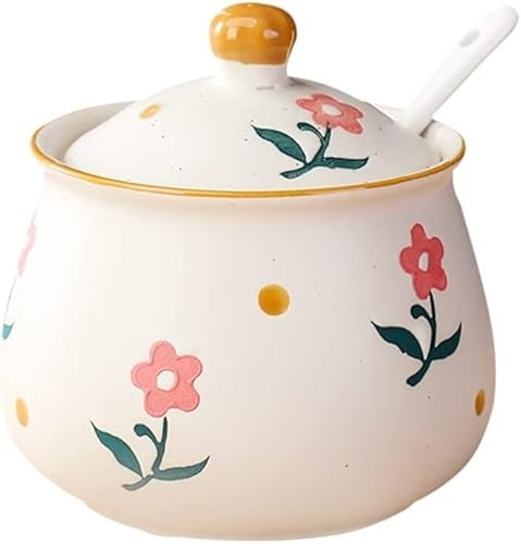 PGPAYH Sucrier, récipient à Sucre, Pot à Sucre, sucrier en céramique, Pot d'assaisonnement en Relief de Fleurs, Pot à épices avec Couvercle et cuillère